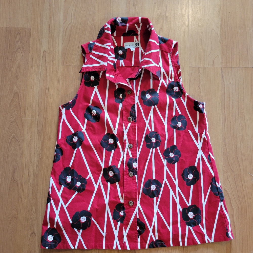 Red Sleeveless Button-Up Shirt with Floral Pattern